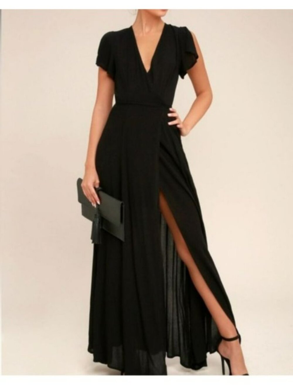 Lulus Black Wrap Maxi Dress With Tie Waist And Flutter Sleeves - XS